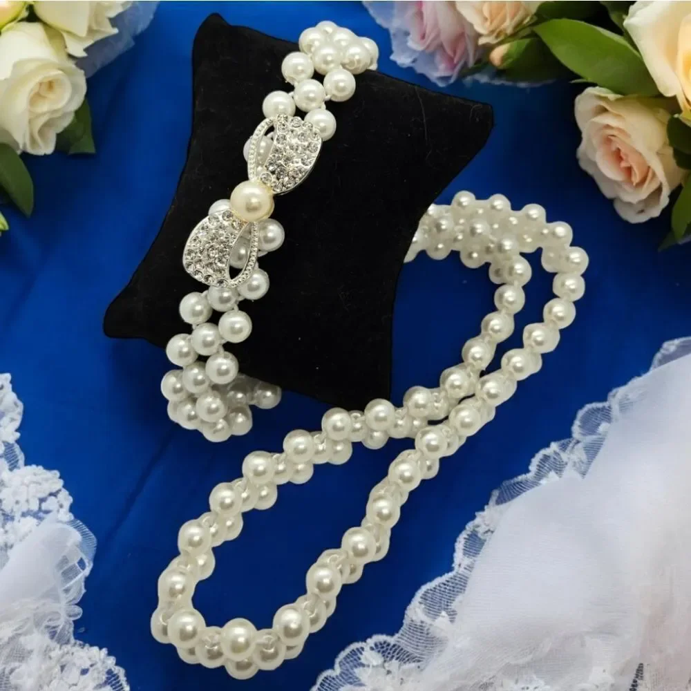 Pearl Stretch Belt Rhinestone Bow Elastic Waist Belt Ivory Bridal Wedding Dress